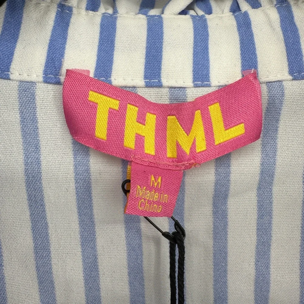 THML Blue & White Striped Embroidered Peasant Blouse with Pink Floral Accents